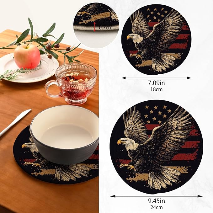 July 4th Bald Eagle Black Trivets for Hot Dishes Pots and Pans Potholders Woven Trivet Cotton Round Large Pot Holder Decor Heat Resistant Hot Pads Mat for Table Counter Cooking Potholder Set of