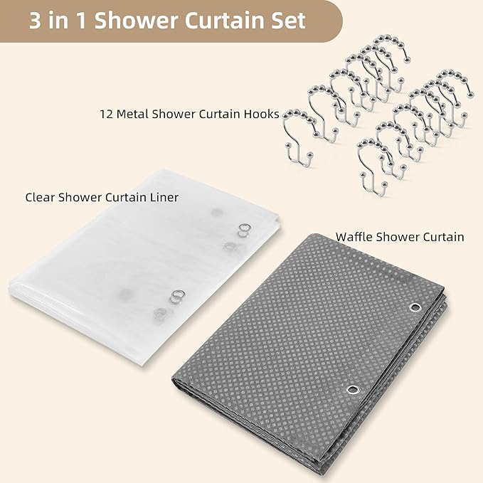 Lameirose Grey Shower Curtain and Liner Set, 3 in 1 Waffle Shower Curtain Set with 12 Double Sided Shower Curtain Hooks, Fabric Shower Curtains for Bathroom 72 x 72