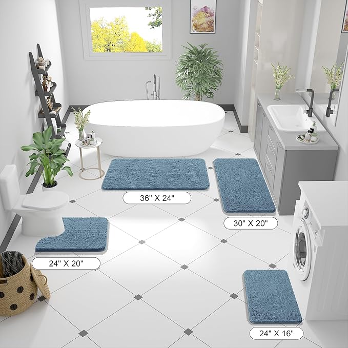 OLANLY Bathroom Rugs 47x24, Extra Soft Absorbent Chenille Bath Rugs, Rubber Backing Quick Dry, Machine Washable Bath Mats for Bathroom Floor, Tub and Shower, Home Decor Accessories, Airy Blue
