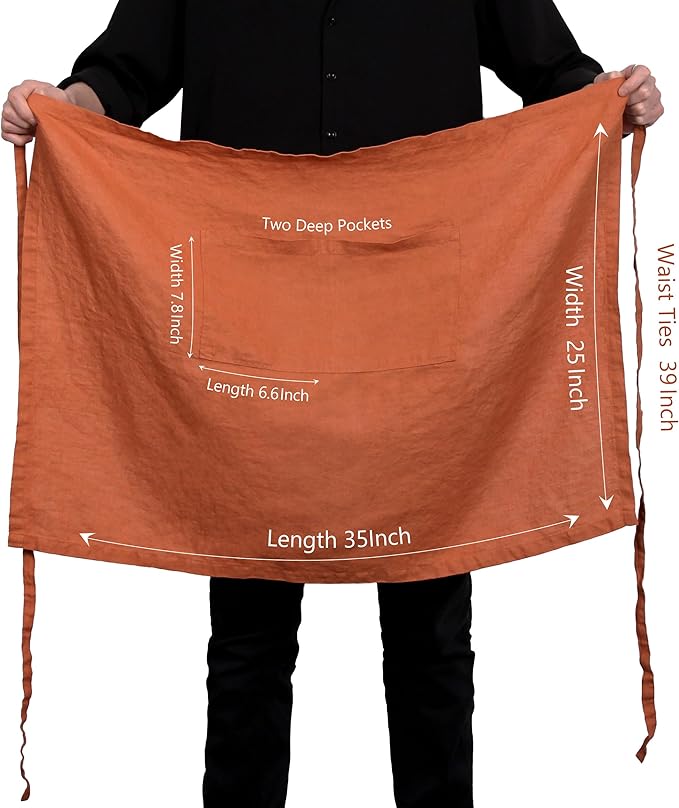 Pure Linen Bistro Half Apron - 25 x 35 Inch Unisex Waist Aprons with Large Pocket Ideal for Kitchen Crafts and More