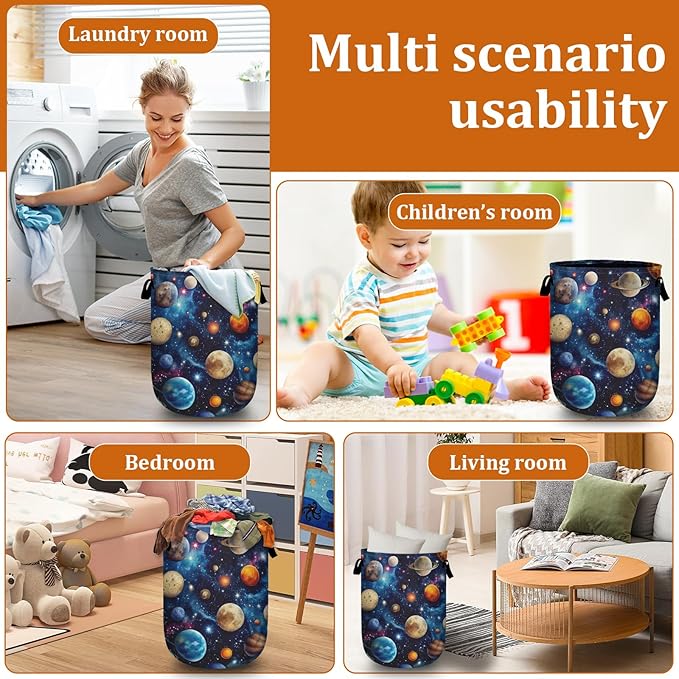 Planets Galaxy Laundry Basket with Sturdy Handles, Universe Collapsible Oxford Cloth Laundry Hamper Organizer Basket for Bathroom Bedroom 15.7x20 Inch