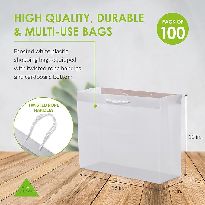 Prime Line Packaging Frosted White Gift Bags with Rope Handles, Reusable Shopping Bags for Retail, Small Business, Boutique, Favors, Bulk, 16x6x12, 100 Pack