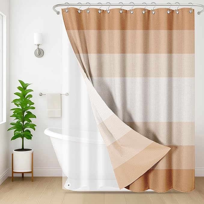 Nesphy Shower Curtain and Liner, Ombre Beige Striped 3 in 1 Shower Curtain and PEVA Liner Set with 12 Rust-Resistant Metal Hooks, Waterproof Fabric Shower Curtains for Bathroom, 72 W x 72 H