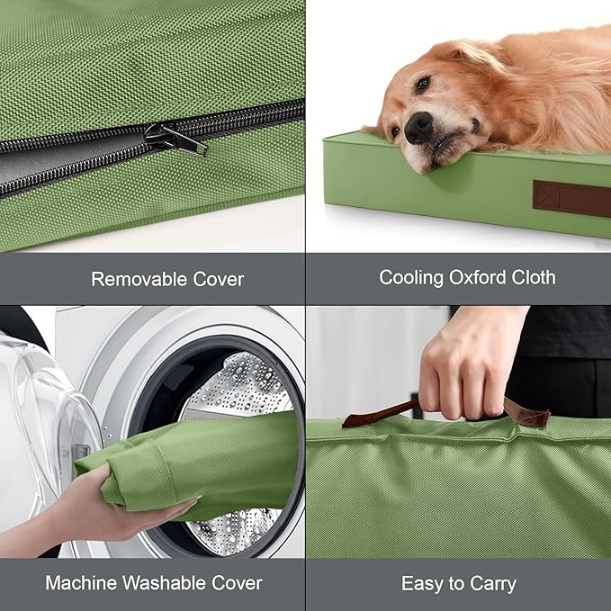 Tail Stories Outdoor Orthopedic Dog Bed for Extra Large Dogs, XL Waterproof Flat Pet Bed 44x32 Inch, Egg Crate Foam with Removable Washable Oxford Cooling Cover, Light Green
