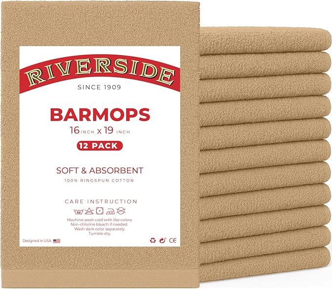 RIVERSIDE Bar Mop Towels Pack of 12, 16x19 Inches, 100% Ring Spun Cotton Terry Cloth Kitchen Towel, Highly Absorbent & Reusable Multipurpose Cleaning Rags for Bathroom, Hotel, Restaurant, Tan