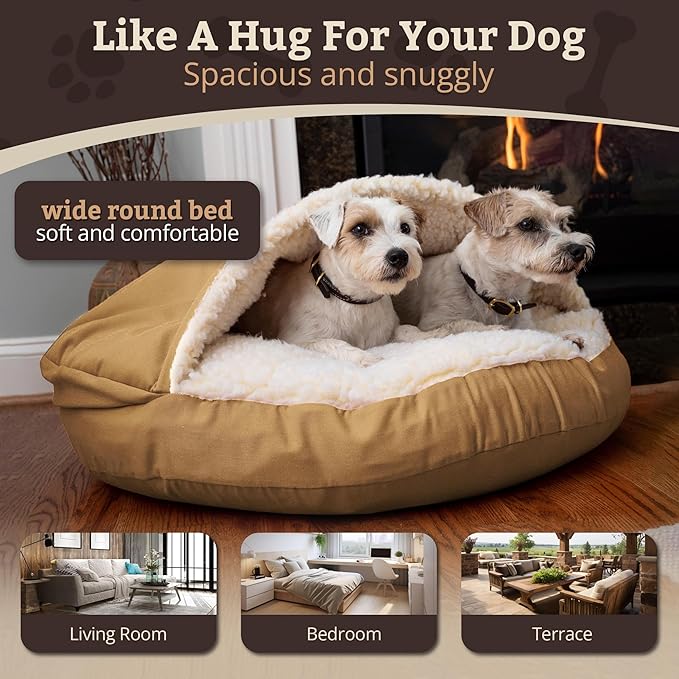 Snoozer Cozy Cave Dog Bed - Indoor Dog Bed with Cover Cave, Covered Calming Burrow for Medium & Large Sized Pets with Blanket Attached, Enclosed, Removable Washable Cover - XL, Camel
