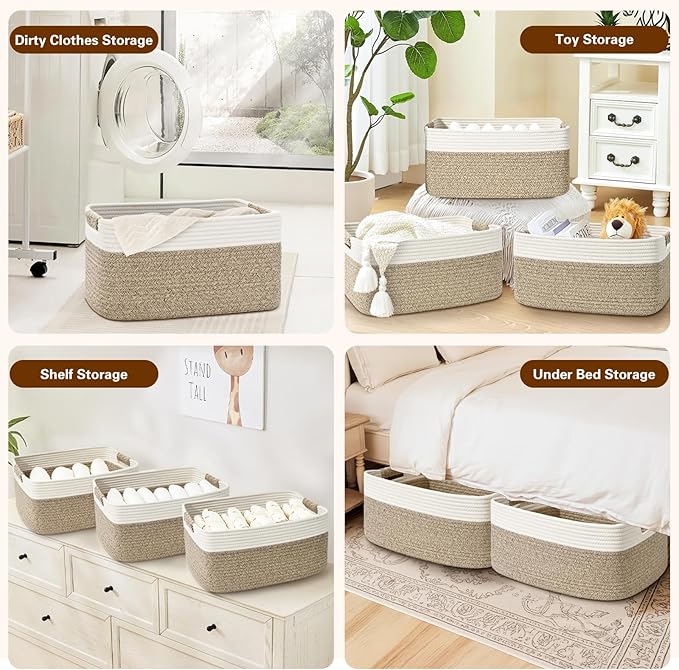 2 Pack Large Storage Basket for Organizing, 17.5"x13.5"x7.5" Woven Basket for Shelves, Closet Cube Storage Bins with Wrapped Handle, Cotton Rope Baskets for Kitchen, Clothes, Toys(Off White & Brown)