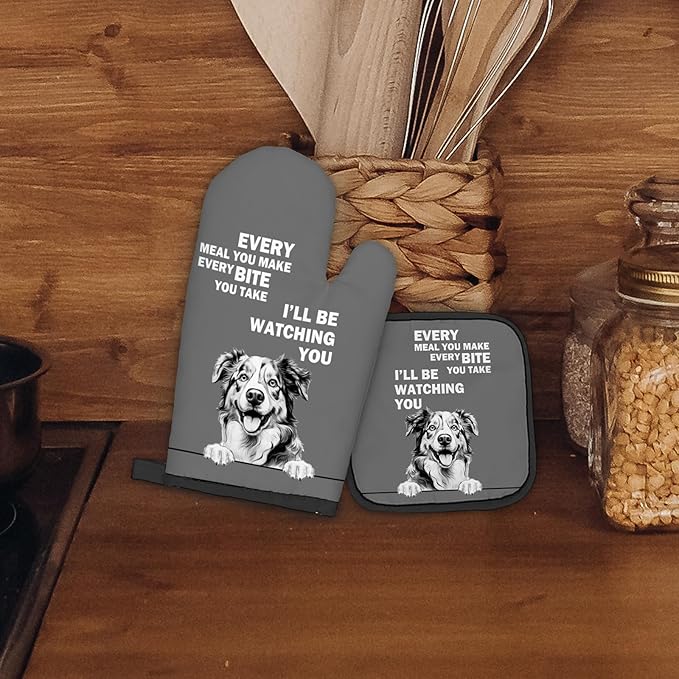 Australian Shepherd Dog Oven Mitts and Pot Holders Sets, Australian Shepherd Gifts Kitchen Accessories Sets,Funny Dog Every Meal You Make Heat Resistant Oven Glove Potholders for Kitchen Baking
