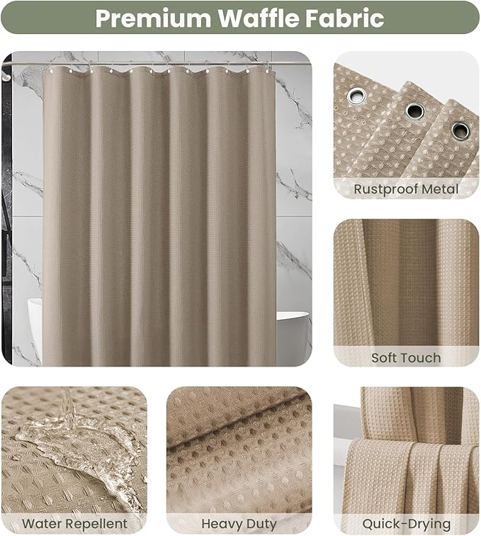 Inhousolu Fabric Shower Curtain Waffle Weave, 230 GSM Heavy Duty, Weighted Hem, 14 Metal Hooks, Water Repellent, Machine Washable, Hotel Spa Luxury Bath Curtain Set, 72 x 72 Inch, Beige
