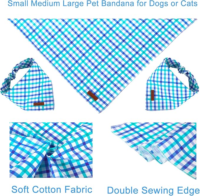 UP URARA PUP Summer Bandana - Comfortable Cotton Grid Triangle Bid Scarf for Puppy, Washable Pet Kerchief for Boy or Girl Dogs or Cats, Blue and White Cute Bandana, Classic Dog Bid Scarf