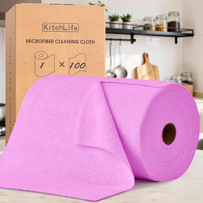 KitchLife Microfiber Cleaning Cloth Roll, 100 Pack - Tear-Away Microfiber Paper Towels, Lint-Free, Reusable, Washable for Kitchen, Car, Dishes, and Sensitive Surfaces (Light Purple)