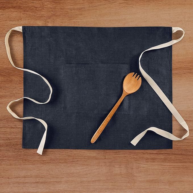 Solino Home Linen Bistro Server Apron - Extra long ties with Pockets - 100% Pure Linen Half Apron for Men and Women