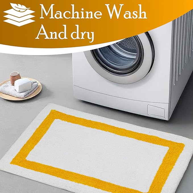 C23 Luxury Deep-Pile Bath Rug | 2200 GSM Ultra-Soft Plush Thick Bathroom Mat | 20"x32" Mustard Yellow & White High-Density Loft Rug | Non-Slip Natural Latex Back, Absorbent, Machine Washable, 1 Piece
