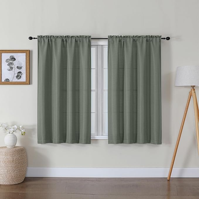 Lecloud Bessie Olive Green Short Curtains 45 Inch Length 2 Panels, Faux Linen Light Filtering Curtains with Dual Rod Pocket, Farmhouse Small Window Curtain for Bedroom Living Room, Each 30 W x 45 L