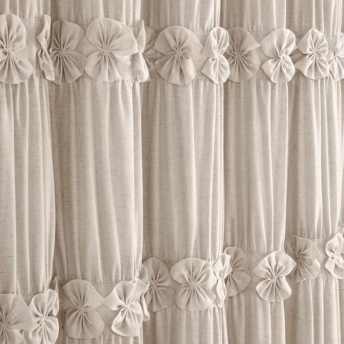 XOGUIBO Ruffle Shower Curtain with Handmade Bow Tie, Beige Linen Vintage Farmhouse Shower Curtain for Bathroom, 72" W x 72" H