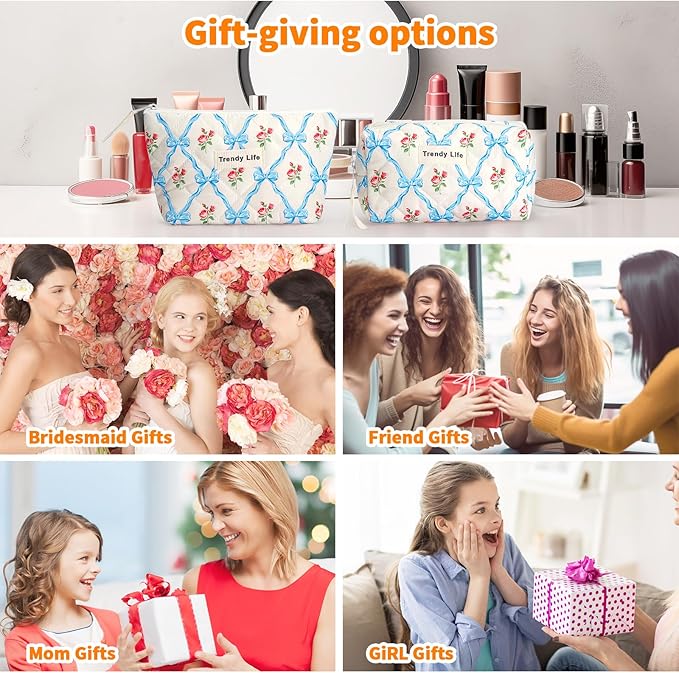 HAOGUAGUA 2 Pieces Makeup Bag, Small Large Quilted Cosmetic Bag, Travel Floral Make Up Toiletry Organizer Bag for Women Girls (2PCS STYLE A-3)