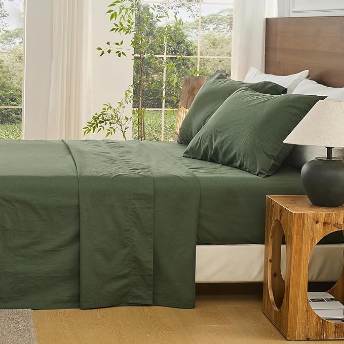 Bedlifes 100% French Flax Linen Sheets Set California King Size-6 Piece Extra Deep Pocket 18-24",Soft Breathable Cal King Bed Sheets with Temperature Regulating & Moisture-Wicking(Forest Green