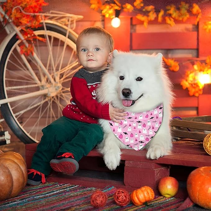 Halloween Dog Bandanas Reversible 2 Pack Small, Pink Pumpkin Ghost Bat Cute Halloween Pet Bandanas for Dogs Adjustable Triangle Holiday Scarves for Small Medium Boy Girl Dogs