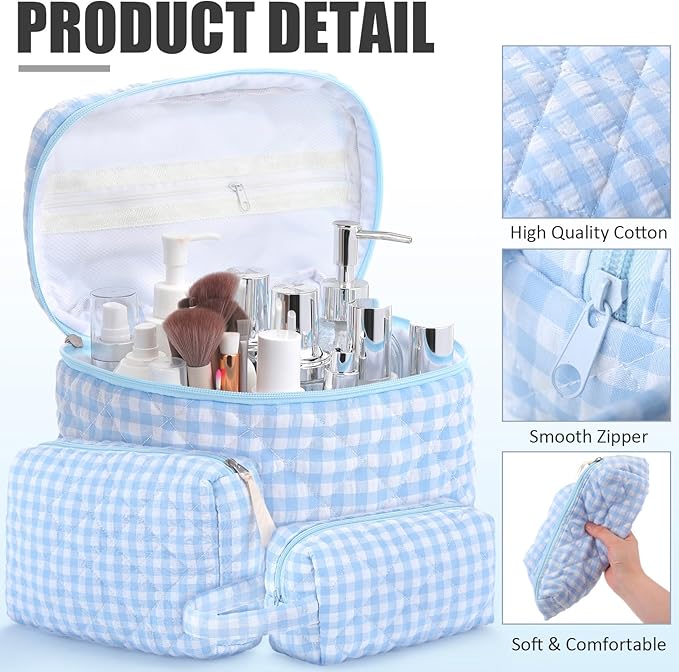Paterr Makeup Bag Set 3 Pcs Large Quilted Cotton Make up Bags for Women Cosmetic Travel Toiletry Organizer Pouch Cute Aesthetic Storage Purse(Blue,White and Blue Plaid)