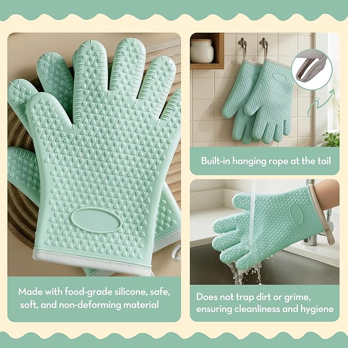 Silicone Oven Mitts Ven Gloves with Fingers Pot Holders and Oven Mitts Heat Resistant Kitchen Baking Cooking Barbecue Accessories 2 Pack White