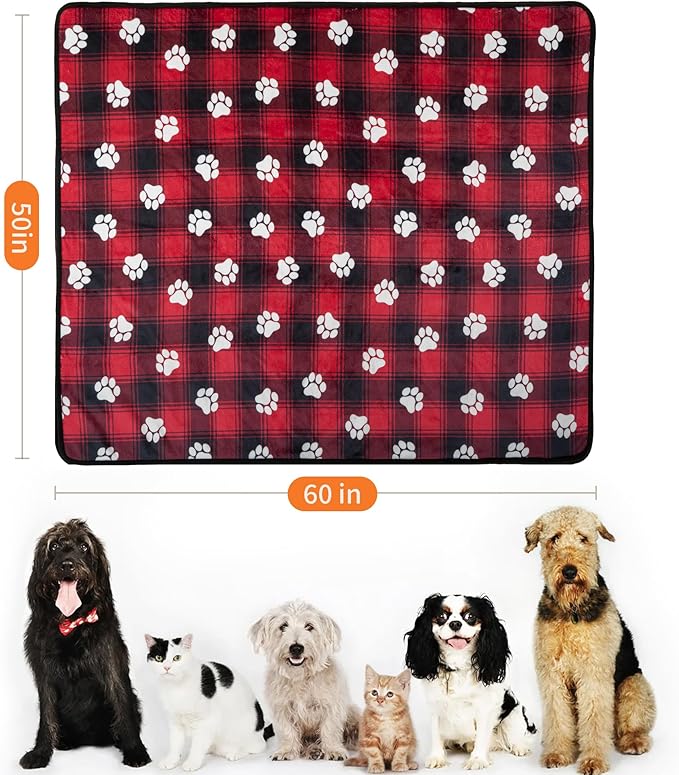 CAPT.SNOOZE Waterproof Dog Blankets Pet Blanket 50"x60", Soft Fluffy Sofa Car Bed Protector, Reversible Sherpa Fleece Dog Blanket for Large Dogs Christmas Decor(Paw Red)