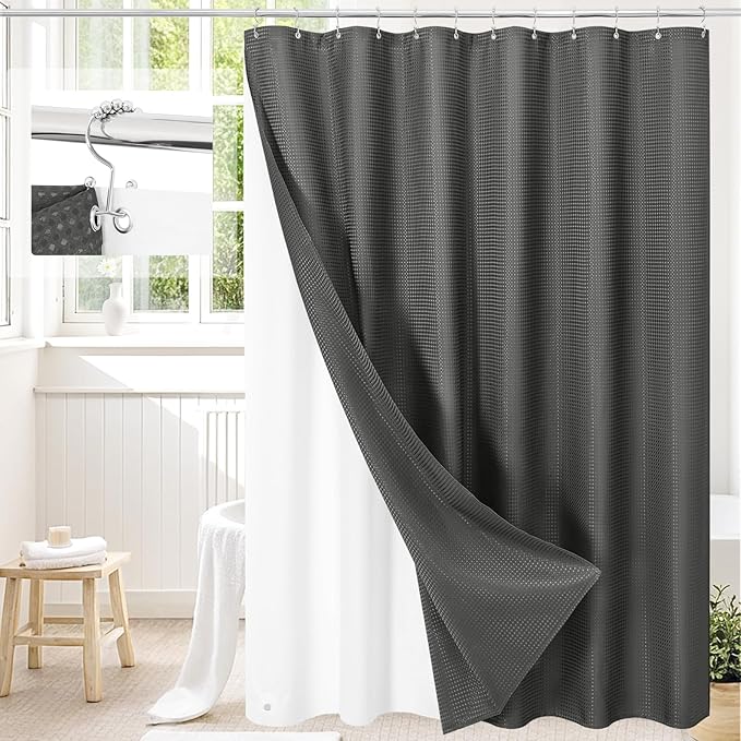 Craidlela 3 in 1 Long Charcoal Grey Shower Curtain Set-72 W x 78 H, Modern Waffle and PEVA Liner Set with 12 Stainless Steel Hooks, Waterproof Fabric for Bathroom