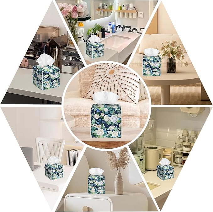 BLYKVGHQ Botanical Leaves Square Tissue Box Cover Watercolor Flowers Tissue Box Holder Facial Cube Paper Dispenser Leather Decorative Organizer Home Office Desk Decor, 5.2"x5.2"x5.2"