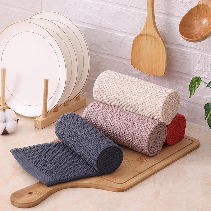 Kitinjoy 100% Cotton Waffle Weave Kitchen Towels, 8-Pack Super Soft and Absorbent Dish Towels for Drying Dishes, Kitchen Hand Towels, 13 in x 28 in, Multicolor