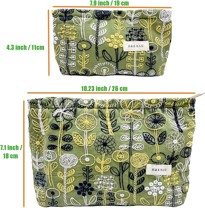getgto 2 Pcs Makeup Bags, Large Cosmetic Bag Travel Toiletry Bag Organizer for Women, Embroidery Craft,Makeup Bag Small Cosmetic Pouch Purse with Zipper Gifts for Girls Teen