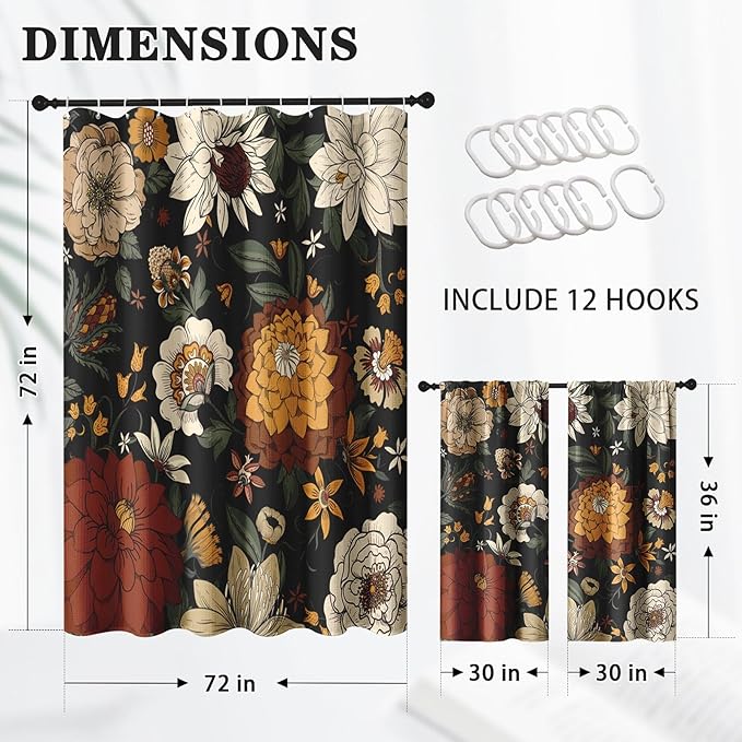 Culudea Boho Floral Black Shower Curtain Set, Vintage Flower Peony Plant Bathroom Window Waffle Textured Cloth Waterproof Shower Curtains for Bathroom Decor