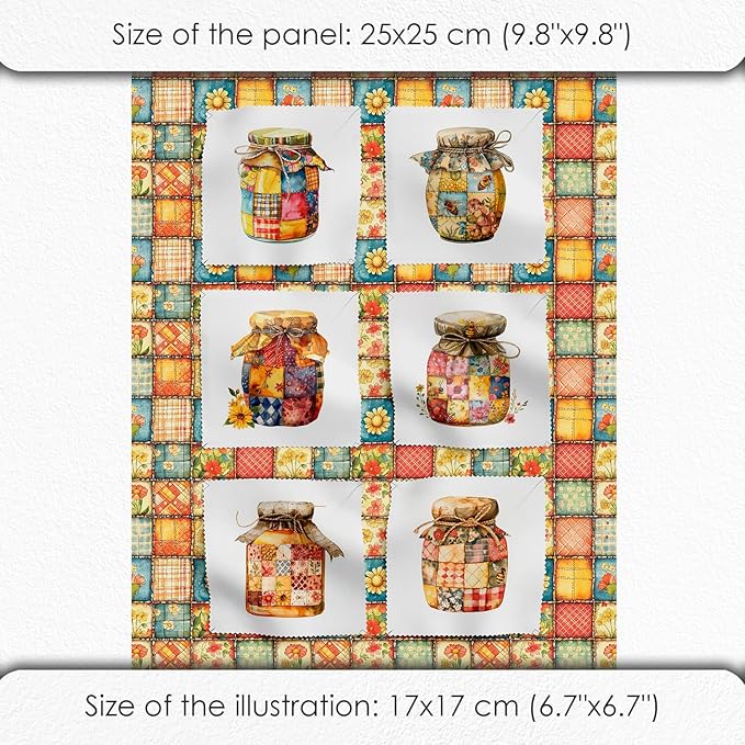 Patchwork Honey Jar Cotton Fabric Panel – 6 Designs (10×10 inch Each) + Bonus Sheet 29.5×19.6 inch, 100% Cotton 140 GSM, Made in Türkiye