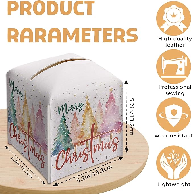 Merry Christmas Tissue Box Holder, Colorful Christmas Tree Leather Tissue Box Cover Square, Paper Facial Decorative Tissues Cover for Night Stands Bathroom Kitchen Office Home Decor-B14