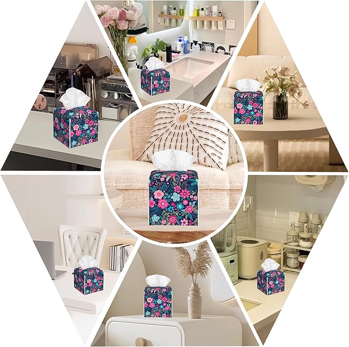 BLYKVGHQ Square Tissue Box Cover Colorful Flowers and Leaves Tissue Box Holder Facial Cube Paper Dispenser Leather Decorative Organizer Home Office Desk Decor, 5.2"x5.2"x5.2"