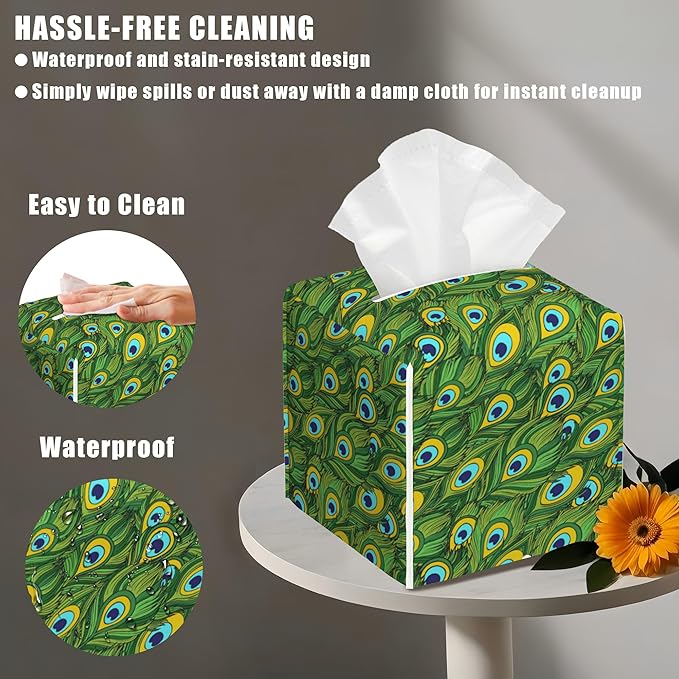 BLYKVGHQ Leather Tissue Box Holder Peacock Feather Tissue Box Cover Facial Paper Case Organizer Cube Napkin Dispenser for Bathroom Vanity Countertop Night Stand Office Car