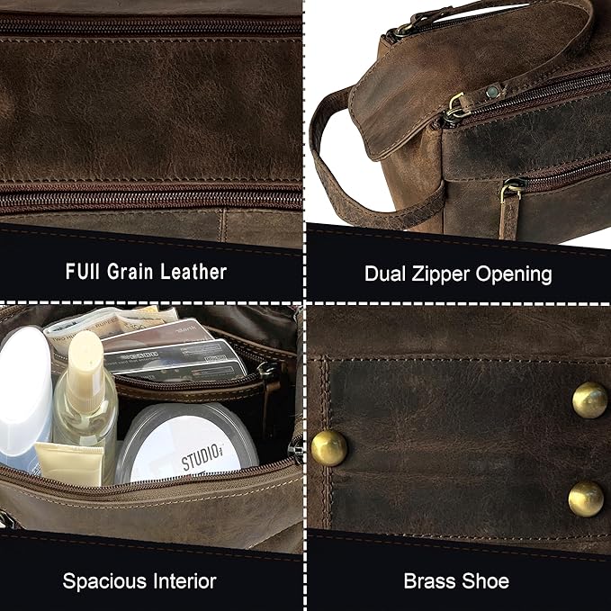 Rustic Town Leather Wash Bag for Men - Travel Toiletry Bag - Shaving Dopp Kit Toiletries Organizer - Leather Makeup Bag for Women