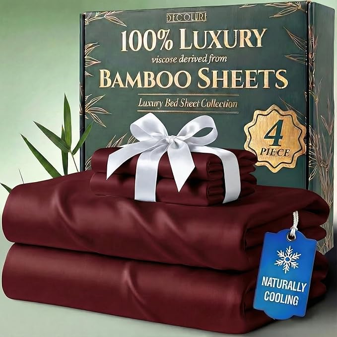 DECOLURE 100% Viscose Derived from Bamboo Sheets Twin Size - Luxury 4 Pc Naturally Cooling Sheets, Ultra Soft Bed Set - Deep 17" Pockets, Durable Double Stitching, Oeko Tex Standard (Burgundy)
