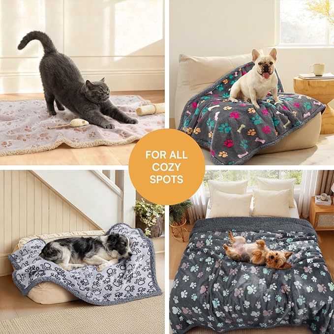 Luciphia Waterproof Pet Blankets for Couch Sofa Bed Cover Cat Liquid Pee Proof Washable Soft Fluffy Large Dog Blanket Reversible Furniture Protection Puppy Grey Paw Thicken Medium（57" x 40"）