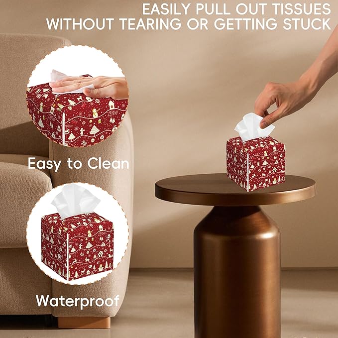 Tissue Box Cover Leather Tissue Box Holder Cube Tissue Case Cover Facial Paper Organizer Dispenser for Bathroom, Vanity Countertop, Office Desk (Christmas Tree and Snowflake)