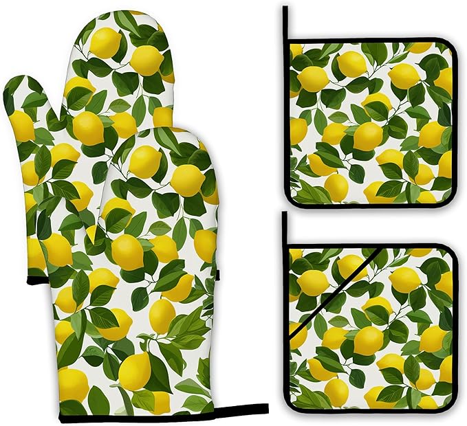 Lemon Oven Mitts and Pot Holders Set,Kitchen Decor Heat Resistant Non Slip Hot Pads and Oven Mitt for Chef Cooking Baking BBQ Mom Girl Gifts(4 Piece Set)