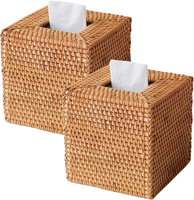 2 Pack Natural Rattan Tissue Box Cover, Hand Woven Square Wicker Holder for Facial Tissues, Wicker Napkin Holder Ideal for Bathroom Living Room, Tissue Holders Decorative for Kitchen Office and Desk