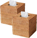 2 Pack Natural Rattan Tissue Box Cover, Hand Woven Square Wicker Holder for Facial Tissues, Wicker Napkin Holder Ideal for Bathroom Living Room, Tissue Holders Decorative for Kitchen Office and Desk