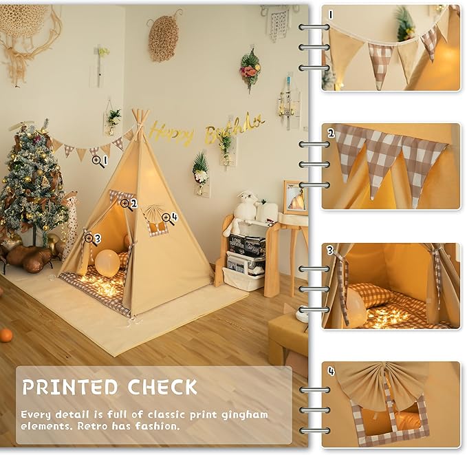 TreeBud Teepee Tent with Padded Mat Bunting Banner Fairy Lights - Print Gingham Kids Play Tent with Carry Bay for Indoor and Outdoor, Play House Toys for Toddler, Boys and Girls