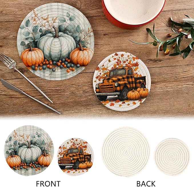 Autumn Pumpkins Trivet Mat 2PCS Fall Leaves Truck Round Woven Potholders Kitchen Table Countertop Protector Hot Pads Farmho
