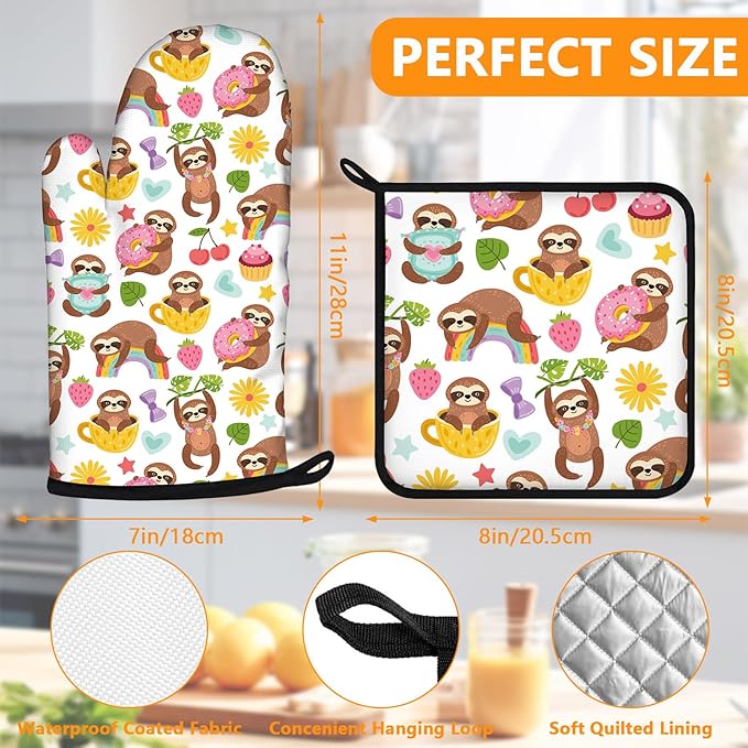 Cute Sloth Oven Mitts and Pot Holders Sets 4Pcs,Extra Long Oven Gloves Potholder for Kitchen Cooking Baking BBQ 100% Cotton Heat Resistant
