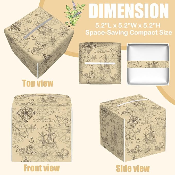 Sailboat and Sea Monster Leather Tissue Box Holder Vintage Nautical Map Tissue Box Cover Facial Paper Case Organizer Cube Napkin Dispenser for Bathroom Vanity Countertop Night Stand Office Car