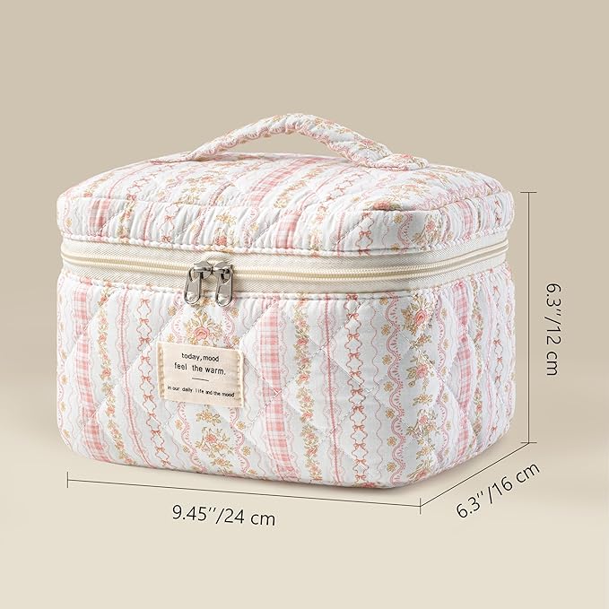 HBselect Christmas Gifts Large Quilted Makeup Bag, Cute Cotton Travel Makeup Bag with Handle, Portable Coquette Floral Make up Bags, Toiletry Organizer Make up Bags for Women Teen Girls Mom