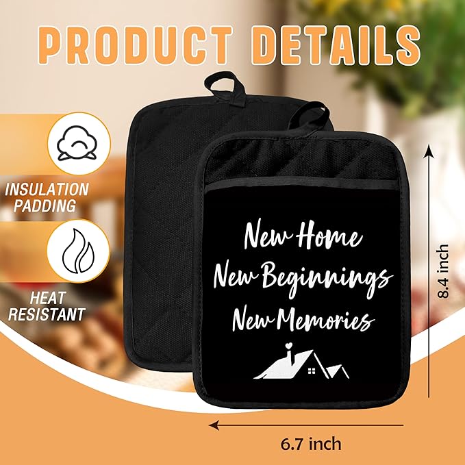 New Home Gifts Pot Holders with Pockets, Housewarming Gifts for Women Men, New Home Beginnings Memories Oven Pot Holders Heat Resistant Oven Mitts Hot Pads for Kitchen Baking Cooking