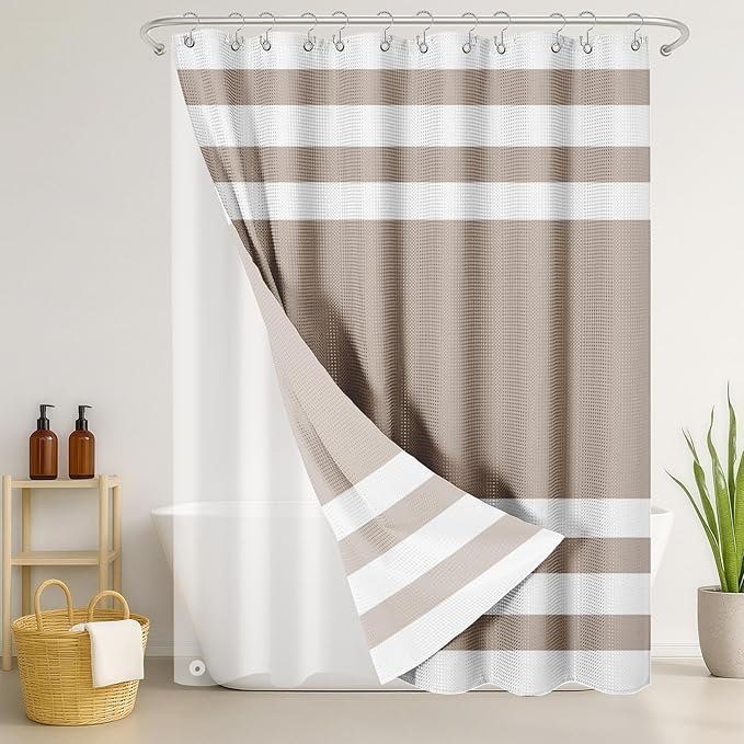 Nesphy Shower Curtain and Liner, Taupe Striped 3 in 1 Shower Curtain and PEVA Liner Set with 12 Rust-Resistant Metal Hooks, Waterproof Fabric Shower Curtains for Bathroom, 72 W x 72 H