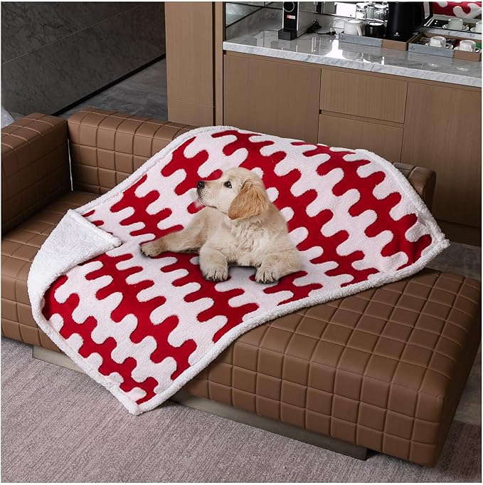 Maidewow Waterproof Pet Blanket for Dogs,Red Pet Throw Blankets for Dog Bed Covers Couch Sofa Stylish Jacquard for Puppy Cats Washable Reversible Furniture Protection Covers (Red Wave,S)
