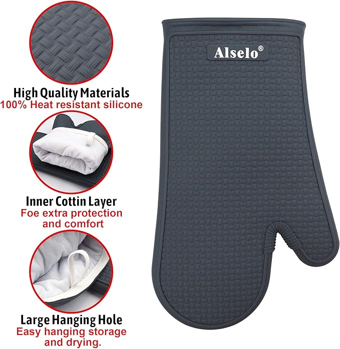Oven Mitts Heat Resistant Silicone Kitchen Gloves for 550 Degrees with Waterproof and Non-Silp, Set of 2 Oven Gloves for Baking Cooking Barbecue Microwave Machine Washable (Grey, 2)